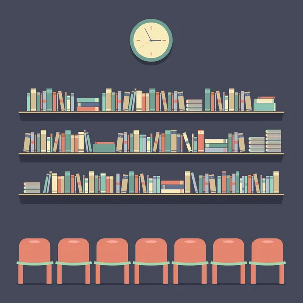 Flat Design Reading Seats and Bookshelves Vector Illustration — Stock Vector