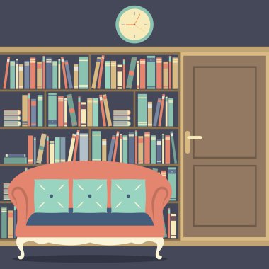 koltuğun önünde büyük bir kitaplık okuma