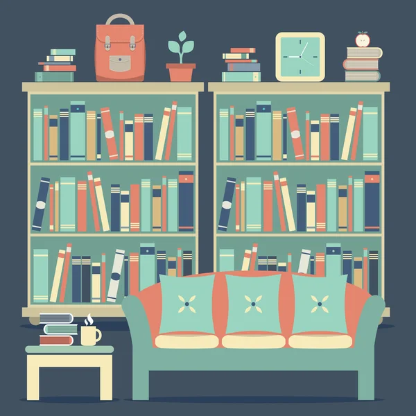モダンなデザインのインテリア ソファーや本棚 — ストックベクタ