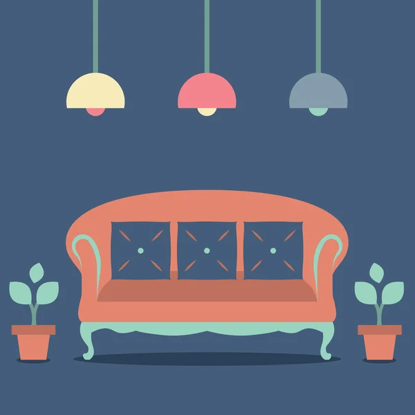 Sofá Vintage interior de diseño plano y estantería — Vector de stock