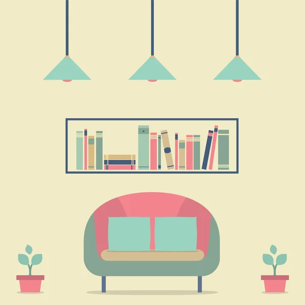 Sofá Vintage interior de diseño plano y estantería — Vector de stock