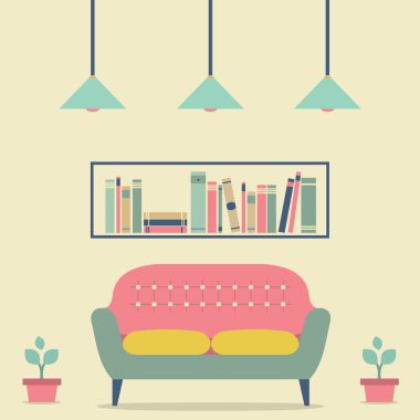 düz tasarım iç vintage kanepe ve bookshelf
