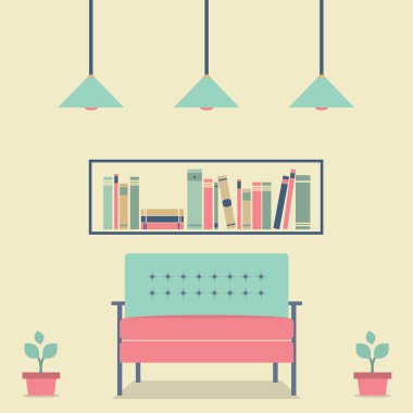 düz tasarım iç vintage kanepe ve bookshelf