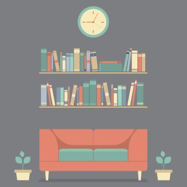 düz tasarım iç vintage kanepe ve bookshelf