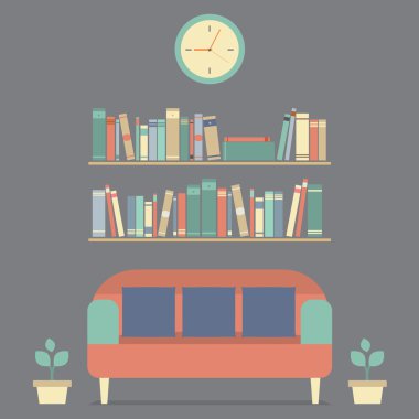 düz tasarım iç vintage kanepe ve bookshelf