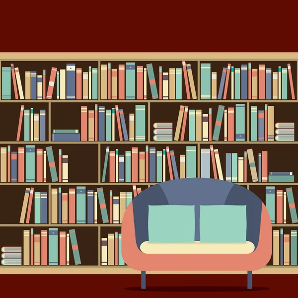 Asiento de lectura frente a una librería — Vector de stock