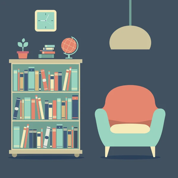 Sofá interior de diseño moderno y librería — Vector de stock