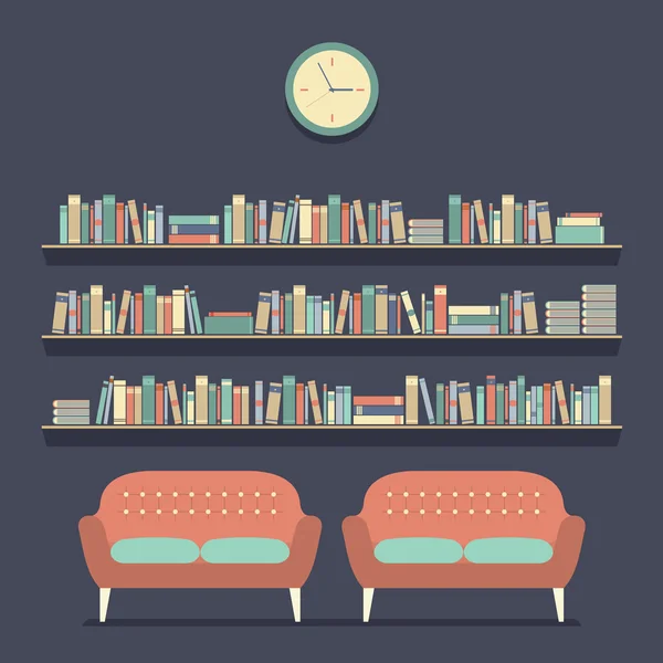 Flat Design Reading Seats and Bookshelves Vector Illustration — Stock Vector