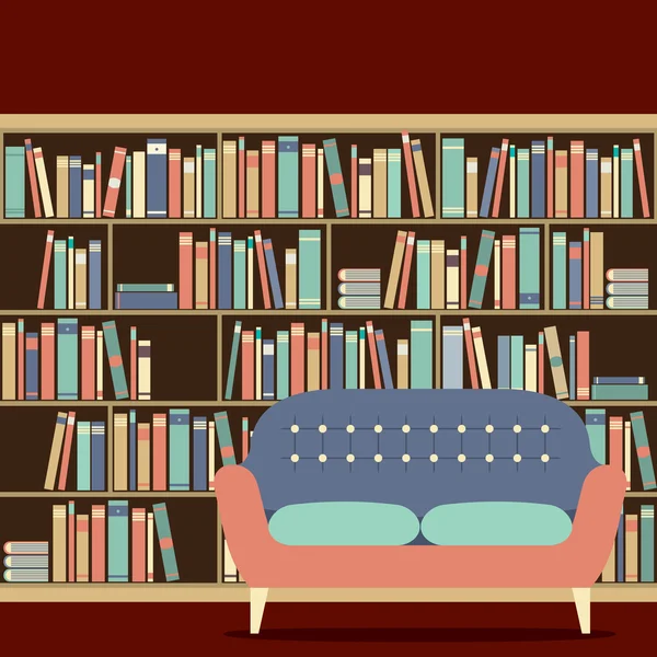 Asiento de lectura frente a una librería — Vector de stock