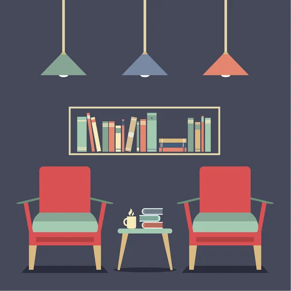 モダンなデザインのインテリア椅子や本棚 — ストックベクタ
