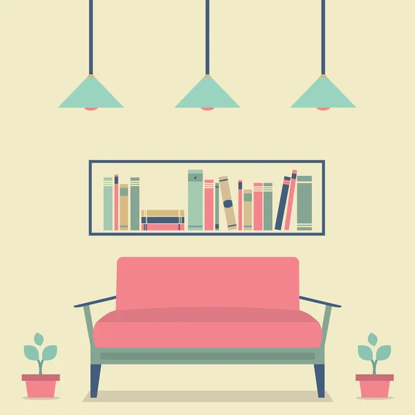 Sofá Vintage interior de diseño plano y estantería — Vector de stock