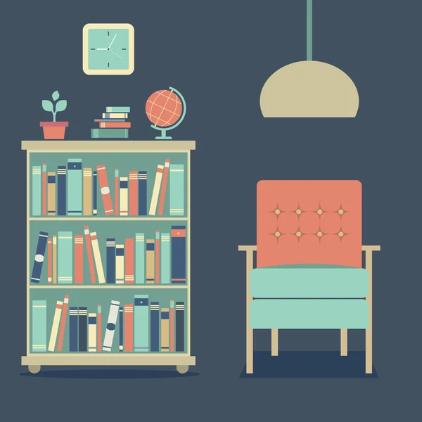 Sofá interior de diseño moderno y librería — Vector de stock