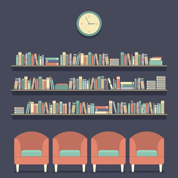 Flat Design Reading Seats and Bookshelves Vector Illustration — Stock Vector