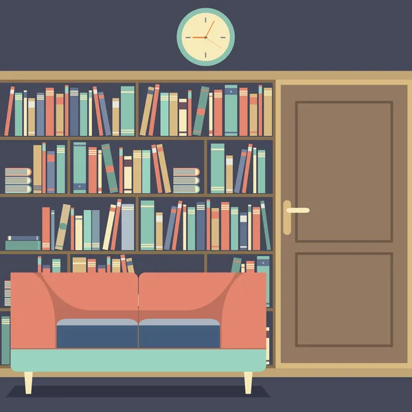 Asiento de lectura frente a una enorme librería — Vector de stock