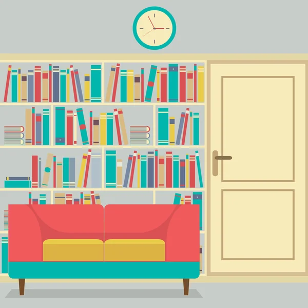 Reading Seats In Front Of A Huge Bookcase — Stock Vector