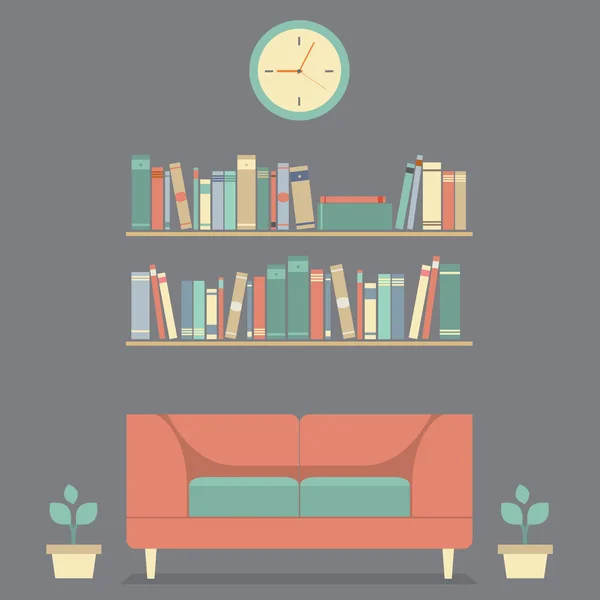 Flat Design Interior Vintage Sofa and Bookshelf — Stock Vector