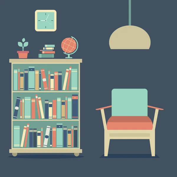 Sofá interior de diseño moderno y librería — Vector de stock