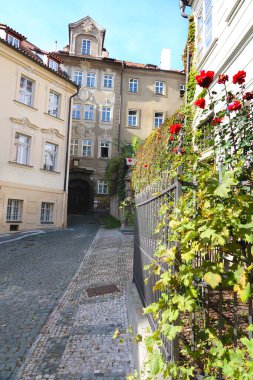 Yazın sonlarında Prag 'ın eski bir parçası olan Mala Strana' daki tipik antik cadde.