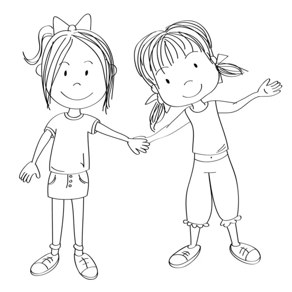 Дві Щасливі Дівчата Тримаються Руки Посміхаючись Найкращі Друзі Оригінальна Намальована — стоковий вектор