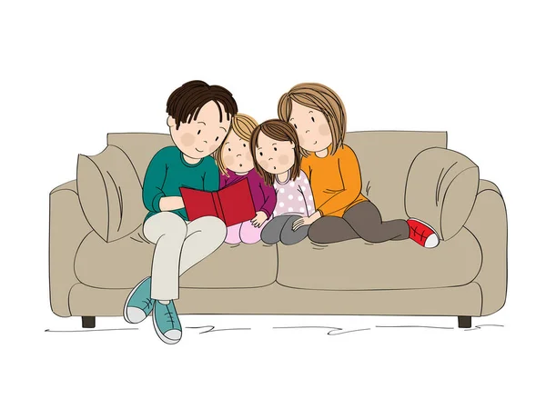 幸福的一家人坐在沙发上一起读书 原始的手绘插图 — 图库矢量图片
