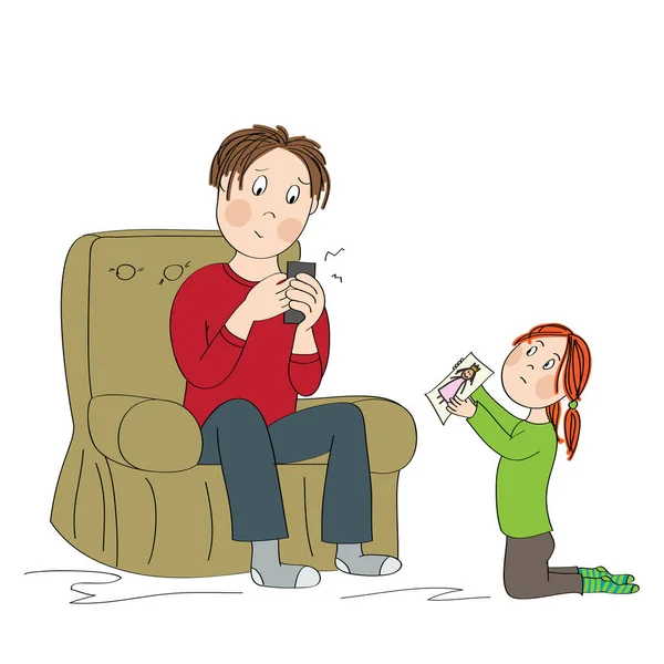 孤独的小女孩 既不快乐又不为人知 想和他父亲一起玩 他父亲正在看他的智能手机 原始手绘插图 — 图库矢量图片