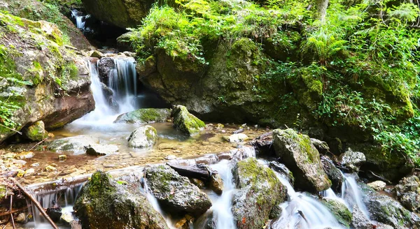 Górska Rzeka Zielonymi Kamieniami Meczetowymi Małym Wodospadem Schwytany Prosieckiej Dolinie — Zdjęcie stockowe