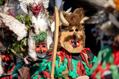 Elin Pelin, Bulgaristan - 26 Şubat 2022: Bulgaristan 'ın Elin Pelin kentinde maskeli balo festivali. Kukeri adındaki maskeli insanlar dans ediyor ve kötü ruhları korkutmak için gösteri yapıyorlar..