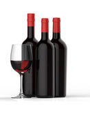 lahve červeného vína se sklem