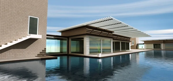 3D render modern ev havuzlu