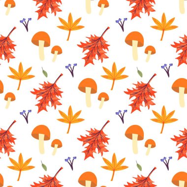 Mantar, akçaağaç, meşe, kül yapraklı kusursuz desen. Sonbahar arka plan şablonu modaya uygun elementlerle dekore edildi. Reklam ve tanıtım için düz doğal vektör illüstrasyonu