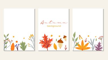 Sonbahar modası elemanları ve metinlerle süslenmiş pankart şablonu. Düşen yapraklar dut ve mantar. Sezon kartları için not defteri hazır. Reklam ve tanıtım için düz doğal vektör illüstrasyonu