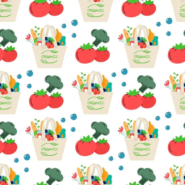 Seamless Pattern Cotton Eco Shopping Net Vegetables Fruits Healthy Drinks — Stock Vector