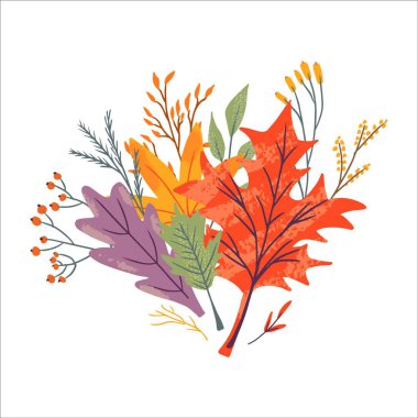 Bir demet sonbahar modası ikonu. Düşen meşe yaprakları, akçaağaç, böğürtlen. Sonbahar sezonu elementlerinin koleksiyonu. Reklam ve tanıtım için çiçeklerle düz doğal vektör illüstrasyonu
