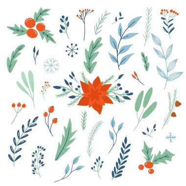 Çiçekli Noel süslerinin vektör seti. Bir demet çiçek, dallar ve kozalaklar. - Evet. Çocuk çizimi. Scrapbook trend koleksiyonu