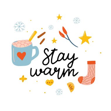 Konforlu Noel süslemeleri içeren vektör kartı. Mektup, şeker, sıcak çikolata, kahve, kek, kurabiye, hediyeler, örülmüş yün elbiseler. Çocuk çizimi. Scrapbook trend koleksiyonu