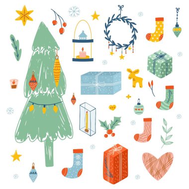 Çelenkli rahat Noel süslemeleri seti. Bir demet çorap şekeri, köknar ağacı, pasta, zencefilli kurabiye, hediyeler, yün elbiseler. Çocuk çizimi. Scrapbook trend koleksiyonu