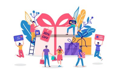 Elinde alışveriş çantası olan sezonluk indirimli internet sitesi satışı afişi. Çevrimiçi mağaza sadakat programının tanıtımı, ikramiye, ödül, indirim kartı, kupon ya da kupon. Reklam için modern düz vektör