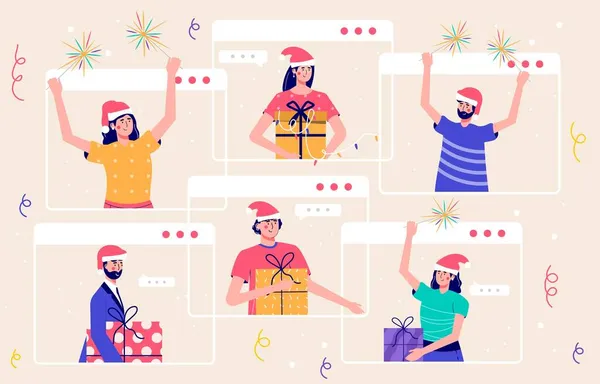 Banner Navidad Con Personas Que Tienen Presentes Confeti Los Hombres — Vector de stock