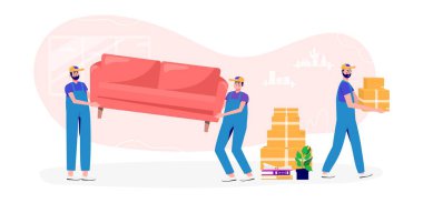 İşçiler yeni ofis, ev, ev taşır. İnsanlar kutular içinde taşınıp erzak topluyor. Persone çizgi film karakterleri eşyalar paketliyor. Genç gay konsepti, teslimat, taşınma, taşınma kutusu