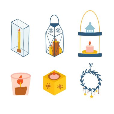 Süslü Noel mumu. Şamdanların içinde aromatik mumlar, tavan arası dekorasyonu için tutucular ve cam. Güzel el çizimi iç dekorasyonlar. Aroma terapisi için bayram dekoratif tasarım unsuru