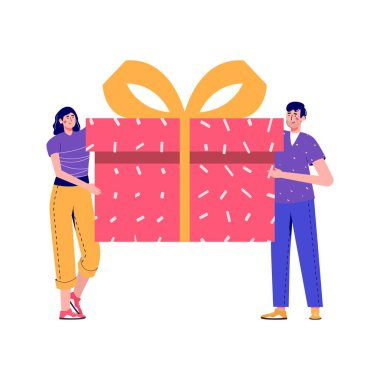 Sezonluk indirimli internet sitesi satışı afişi ve elinde büyük hediyeler var. Çevrimiçi mağaza sadakat programının tanıtımı, ikramiye, ödül, indirim kartı, kupon ya da kupon. Reklam için modern düz vektör