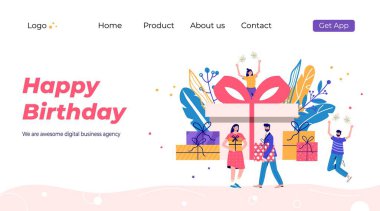 Doğum günün kutlu olsun. İnternet mağazası bonusu ya da ödülünün tanıtımı. Reklam için modern düz vektör çizimi. İnsanlarla sezonluk indirimli web sitesi indirimi afişi