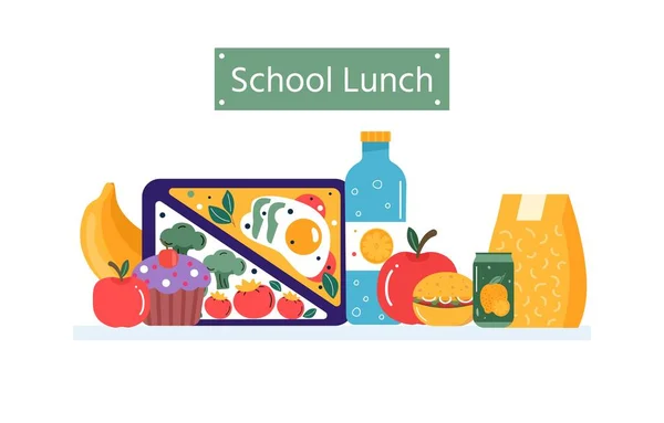 Desayuno Comida Comida Bebidas Para Niños Almuerzos Escolares Con Comida — Vector de stock