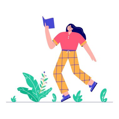 Kitap okuyan ya da sınava hazırlanan bir kadın. Çizgi film karakteri gibi yürü ve dergi oku. Beyaz zemin üzerinde izole edilmiş Dünya Kitap Günü 'nün vektör konsepti