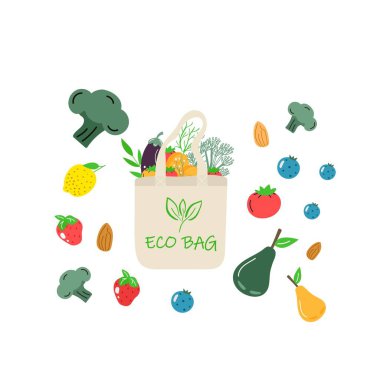 Sebze, meyve ve sağlıklı içeceklerle pamuk eko alışveriş ağı. Yeniden kullanılabilir çevre dostu alışveriş torbasında süt ürünleri. Sıfır atık, plastiksiz konsept. Düz moda tasarımı