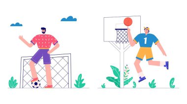 İnsanlar futbol ve basketbol oynuyor. Hobilerinin, işlerinin, boş zamanlarının tadını çıkaran karakterler. Çizgi film tarzında vektör illüstrasyonu.