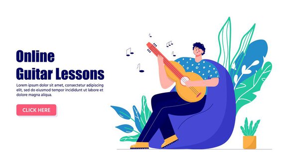 Man enjoying his hobbies, work, leisure. People playing, learning gitar. Musician practice on couch. Vector illustration in flat cartoon style, landing page