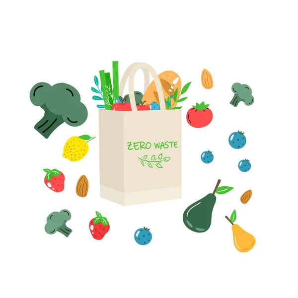 Katoen Eco Boodschappennet Met Groenten Fruit Gezonde Dranken Zuivel Herbruikbare Rechtenvrije Stockvectors