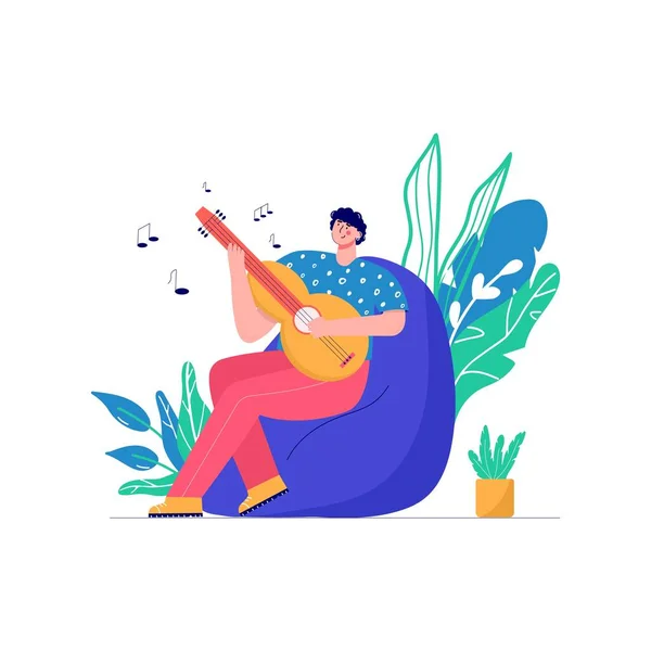 Hombres Modernos Tocando Aprendiendo Guitarra Personas Disfrutando Sus Pasatiempos Trabajo Vector De Stock