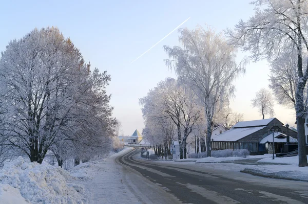 Winter weg omgeven door ijzige bomen — Stockfoto